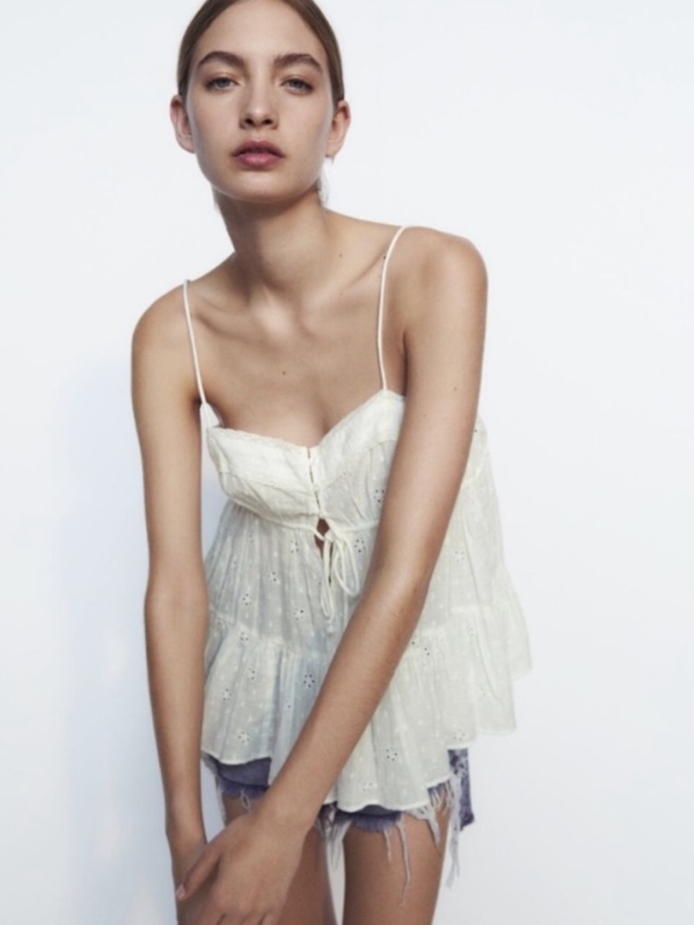 Zara Cream Eyelet Lace Tiered Camisole
